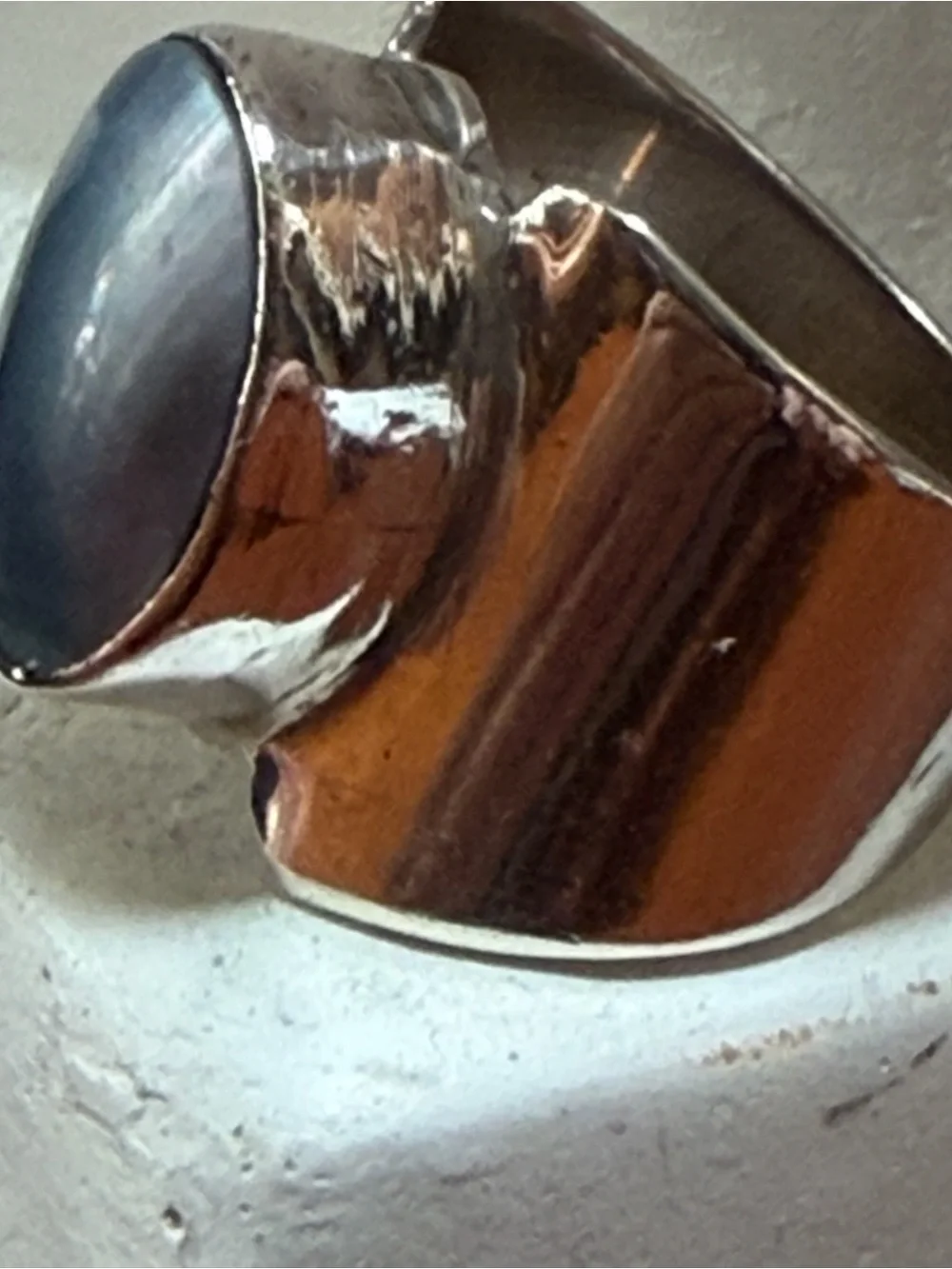 Sterling Silver Ring with Dark Gray Oval Pearl . Wide band